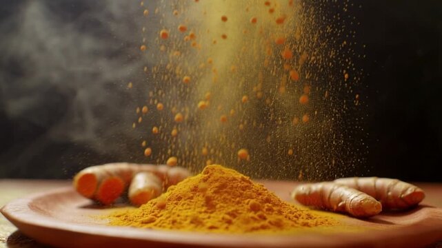 Turmeric powder falling on wooden plate with turmeric roots macro close up slow motion. Golden spice dust sprinkled over ground turmeric on rustic dish with dried curcuma roots, natural herbal seasoni
