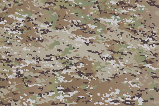 Modern desert woodland camouflage seamless pattern with layered brown, beige and green tactical shapes