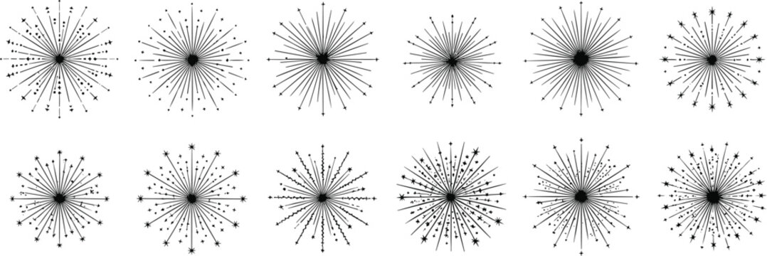 Abstract starburst collection, radial fireworks shapes set, decorative sparkle bursts vector illustration, vintage sunburst design elements isolated on white background