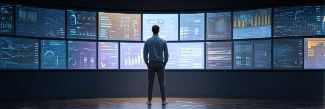 A person stands facing a large multi-screen display wall showing various data charts, graphs, and analytics in a darkened room.