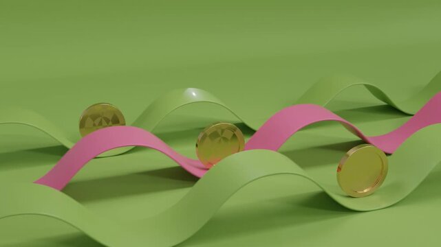 3D abstract background depicting three golden coins rolling along wavy pink and green ribbons, illustrating flow, energy, and contrast through color and geometry in elegant contemporary visual style