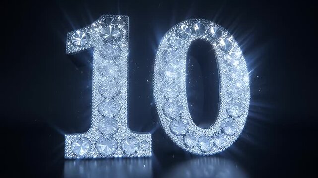 Sparkling ten number formed with diamonds illuminated on a black background