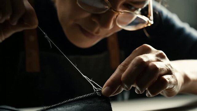 Close up of hands sewing fabric in studio or Close up of hands repairing zipper with thread in studio
