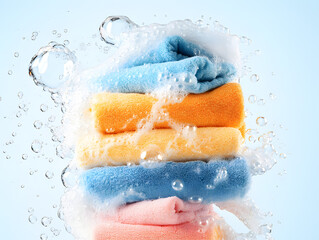 Fototapeta premium Stack of folded colorful towels with soap bubbles on white background. Clean laundry concept representing hygiene, freshness and household washing routine.