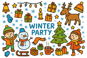 Fototapeta premium Winter Party Doodles. winter party. Colorful Hand-drawn doodle Children illustration winter party snowman, Christmas tree, gifts, candle, snowflakes, mittens,