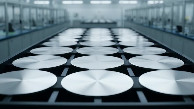 Silicon wafers on a conveyor belt in a cleanroom manufacturing facility