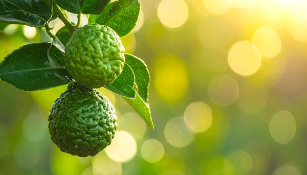 Close-up of Kaffir Limes on a Branch with Green Leaves.