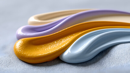 Abstract flowing paint waves in blue, yellow and white colors creating smooth layered shapes. Modern colorful background with dynamic motion and soft textile texture.