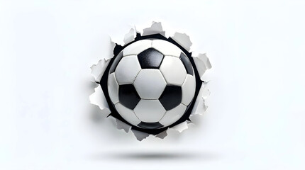 Obraz premium 3D Soccer Ball Bursting Through White Background with Vibrant Colors