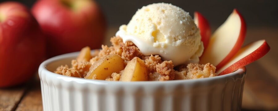 Warm apple crumble with scoop of vanilla ice cream served in white ramekin dish. Sliced fresh red apples garnish the sweet baked fruit dessert. Cozy rustic wood table background.