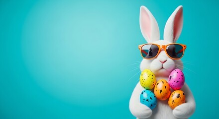 Fototapeta premium Easter bunny wearing sunglasses with colorful eggs