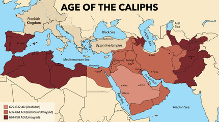 Fototapeta premium Historical Map of the Age of the Caliphs Showing Islamic Territorial Expansion 622-750 AD, Rashidun and Umayyad Caliphates
