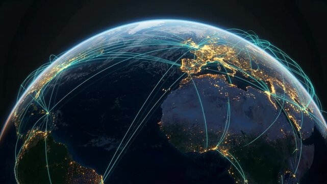 Night global network map with illuminated city connection lines linking continents, global network of illuminated city connections over Earth night