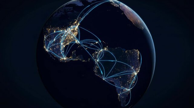 Global network connection across Earth at night linking city lights and data routes on globe with glowing communication pathways