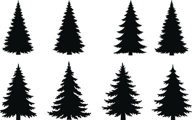 Fototapeta premium Set of black pine tree silhouettes vector icons isolated on white background for forest nature design projects