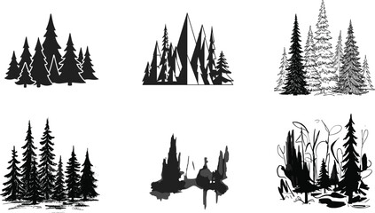 Fototapeta premium Set of black pine forest silhouettes in mixed artistic styles, isolated on white background, nature illustration collection for graphic design use