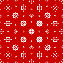 Red and white pixel pattern arranged in a structured grid with square medallions and cross-centered motifs. Symmetrical geometric repeat designed for seamless textile and surface applications.