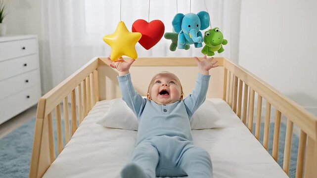 Baby in crib reaching for colorful mobile toys with joyous expression