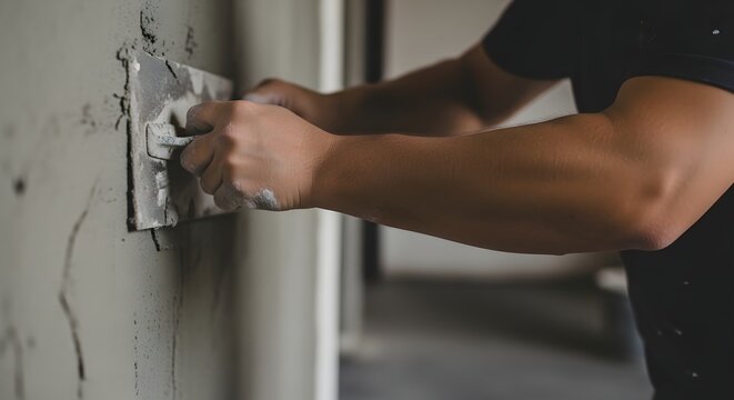 A person applying plaster or spackling to a wall surface