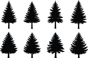 Fototapeta premium Set of black pine tree silhouettes vector icons isolated on white background for forest nature outdoor design projects