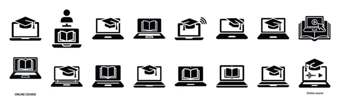 online course technology web icon set in silhouette style.