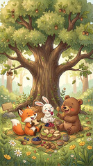 Naklejka premium Set of Cute Cartoon Forest Animals Playing Together, Whimsical Children's Illustration, Eating, Picnic, Lunch