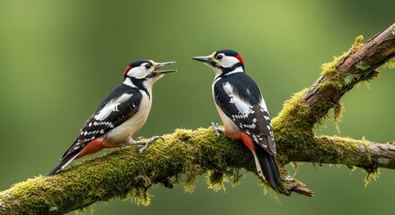 Obraz premium Great spotted woodpeckers in Asturias during summer