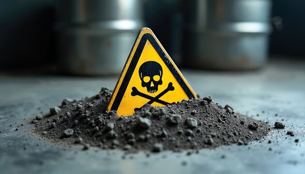 Toxic substance warning sign emerges from contaminated soil. Skull and crossbones symbol indicates danger. Hazardous material hazard requires caution and safety measures.