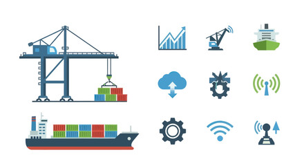 Naklejka premium Large Blue Crane Loading Shipping Containers at Port.