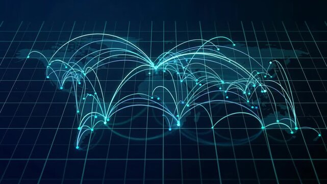 Global network connection map of glowing data arcs and nodes on digital globe grid, fast communication flow and node to node arc pathways