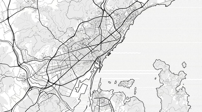 Minimalist City Map of a Coastal Urban Area, Black and White Vector Illustration for Urban Planning and Navigation Concept