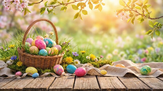 Colorful Easter eggs in wicker basket on wooden table