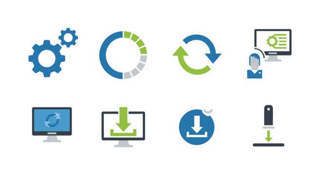 A collection of flat design technology icons representing software updates downloads synchronization and system processes.