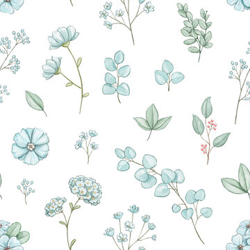 Seamless pattern with set of green various leaves and twigs and blue flowers for holiday Valentine's Day isolated on white background. Watercolor hand drawn illustration sketch