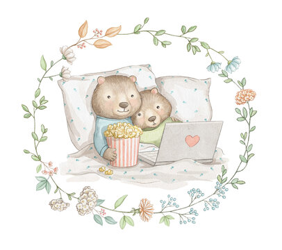 Watercolor  family pair of bears animals on bed, watching movie and eating popcorn for Valentine's Day framed oval frame of flowers isolated of white background. Hand drawn illustration