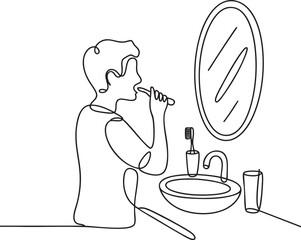 One line drawing of man brushing his teeth in front of bathroom mirror