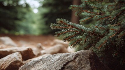 A close up view of a pine branch with needles and textured rocks along a natural forest path