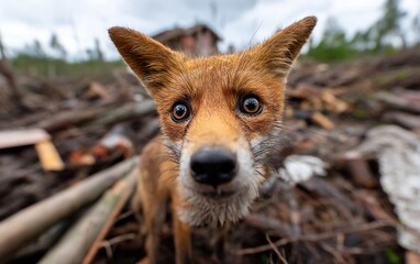 Fototapeta premium Closeup of Distressed Fox with Sad Eyes Amidst a Wasteland of Debris