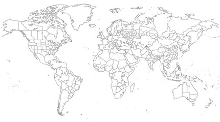 Minimalist World Map Outline with Detailed Country and State Borders, Black and White Vector Illustration for Education and Coloring