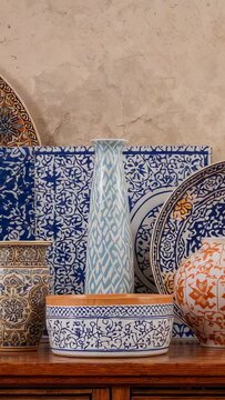 Vertical video: Moving camera reframing ceramics on sideboard, centering pale vase and blue bowl