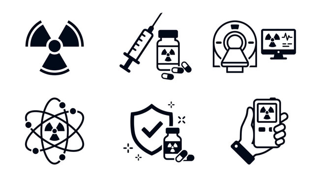 Nuclear Medicine and Radiology Icon Set Featuring Radiation Symbol, MRI Scanner, Medical Isotopes, Geiger Counter, and Safety Protection Symbols on White Background