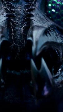 Vertical video: Operator pulling back camera to reveal insectoid mandibles in studio macro