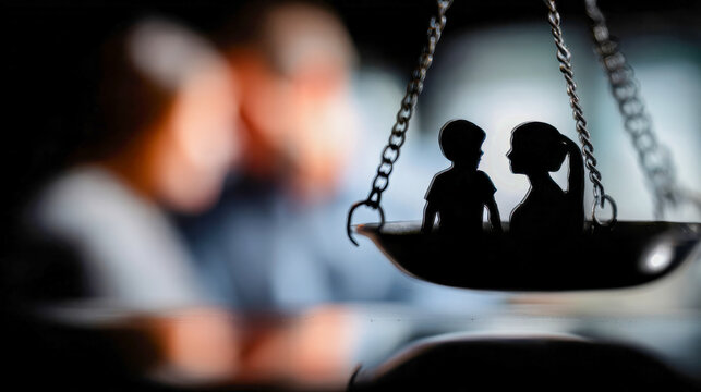 Scales of justice with mother and child silhouettes on a hanging pan, dramatic bokeh background, concept of family law, custody, and fairness