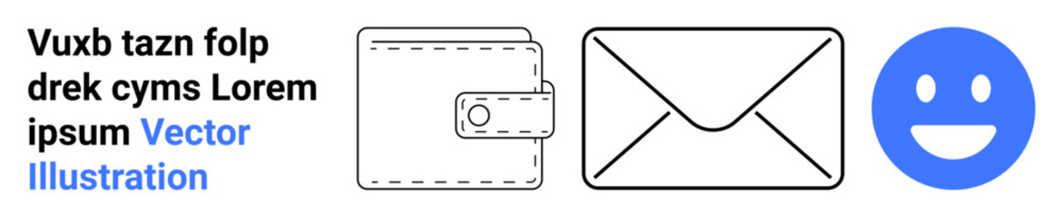 Fototapeta premium Payment methods, communication, emotional expression, digital services, financial management, email exchange. Minimalist wallet, envelope and happy face icons. Payment methods and communication