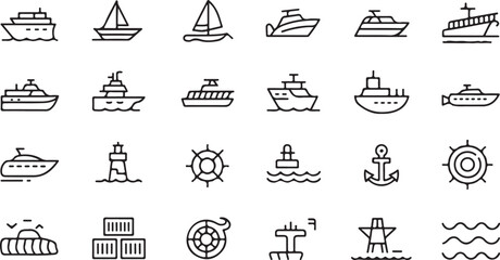 Collection of black and white nautical including various boats, ships, and maritime symbols © Digital Art