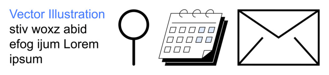 Obraz premium Business strategy, scheduling, organization, communication, email marketing, search concepts. Magnifying glass, calendar and envelope icons in a minimal design. Business strategy and scheduling