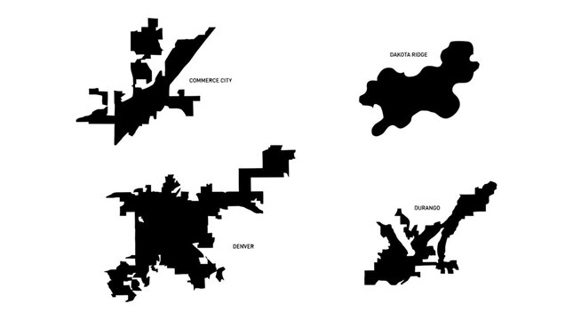 Collection of Black Silhouette Map Outlines for Colorado Cities Denver, Commerce City, Dakota Ridge, and Durango