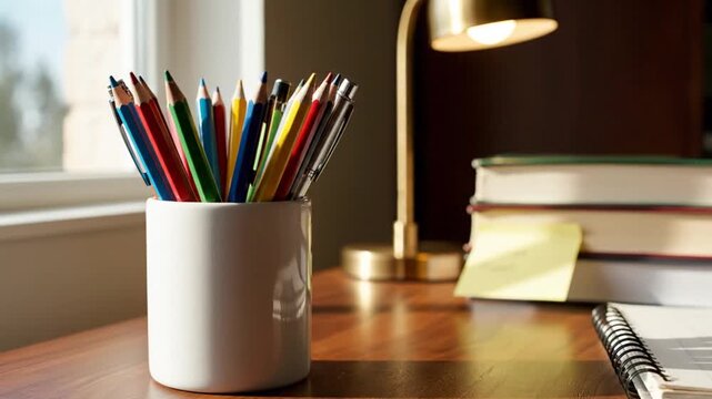 Colorful pencils in a white cup on a wooden desk with books and lamp indoors