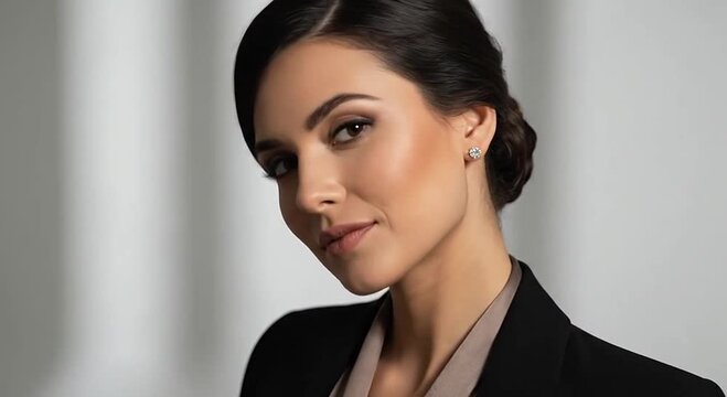 Professional woman with elegant updo smiling softly, wearing a suit jacket and earring
