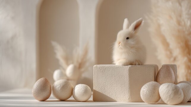 Beige podium display stand for product display on Easter background: colorful Easter eggs and a small fluffy white rabbit on a beige background with natural lighting